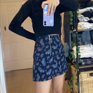 Blue Floral Denim Skirt with Zip Detail